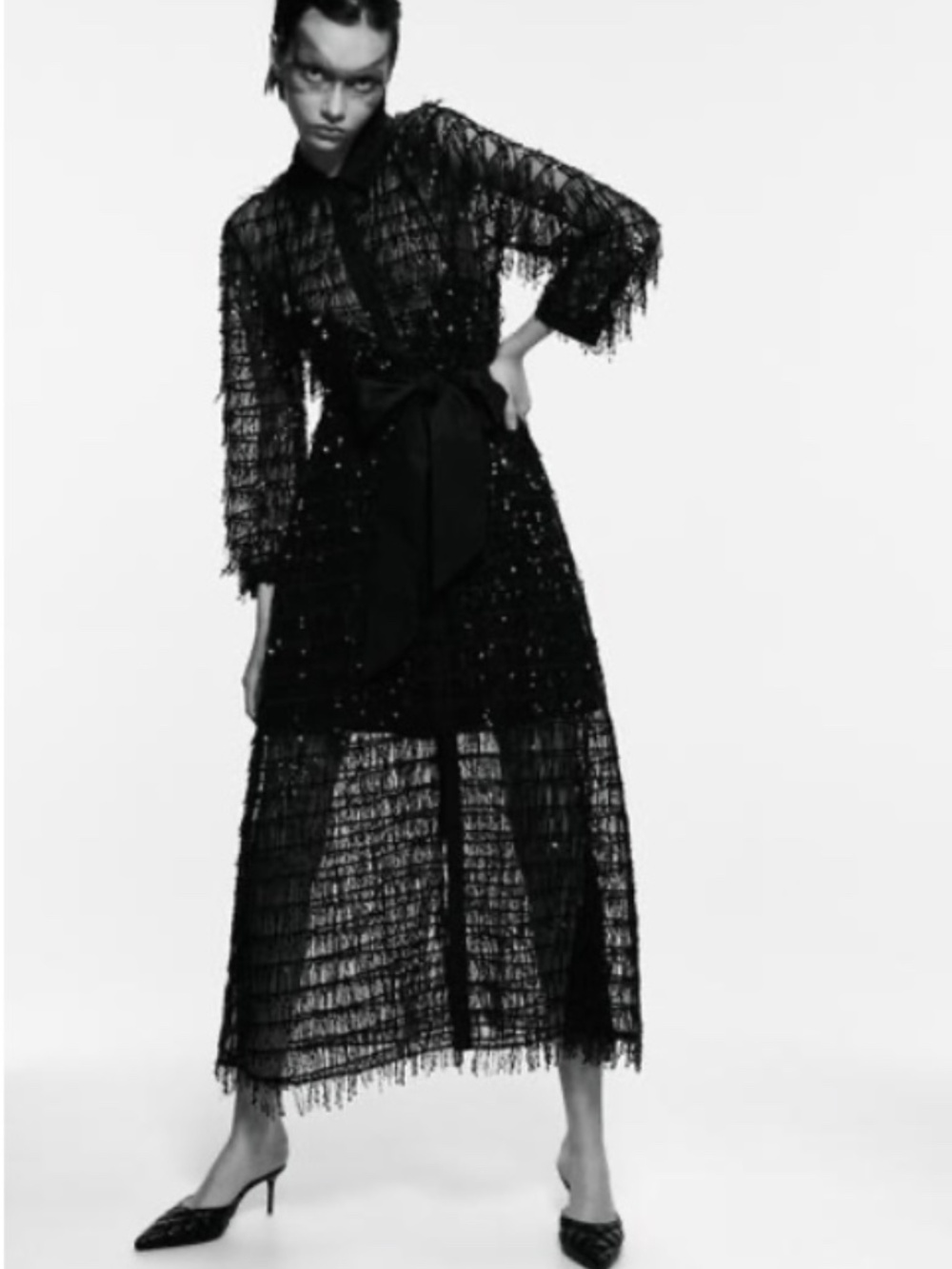 Zara NWT Black Sequined Button Front Dress Belted Tie Waist Maxi Size XL - Picture 2 of 6